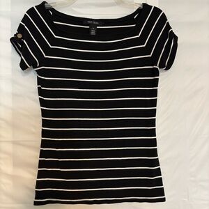 WHBM Fitted Black and White Stripes Short Sleeve Top